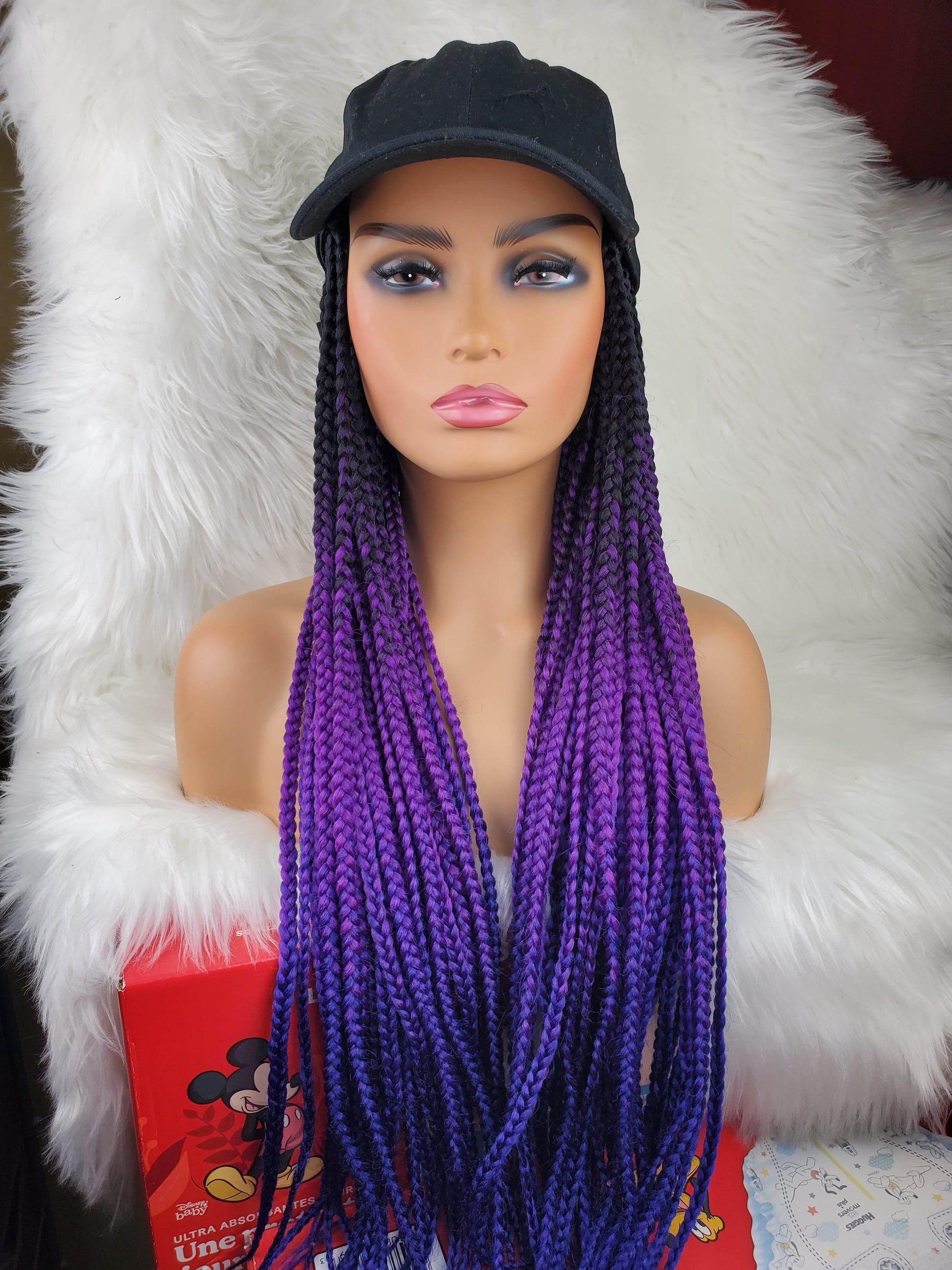 Satin Lined Braided Hat Wig (1b/Purple/blue) - GeVi Beauty 