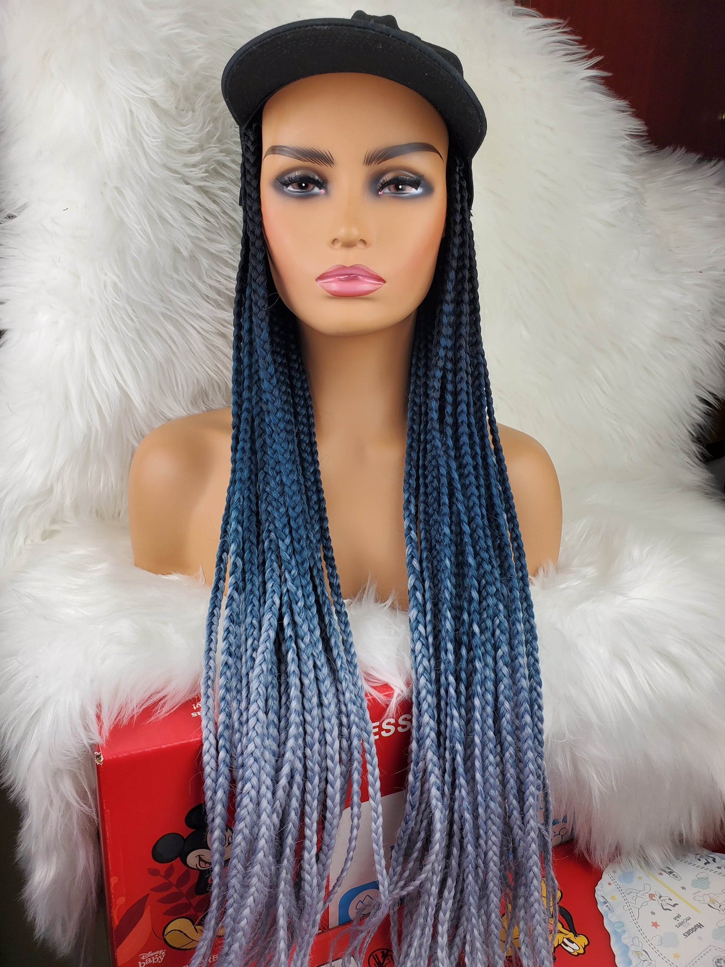 Satin Lined Braided Hat Wig (1b /dark blue/grey) - GeVi Beauty 