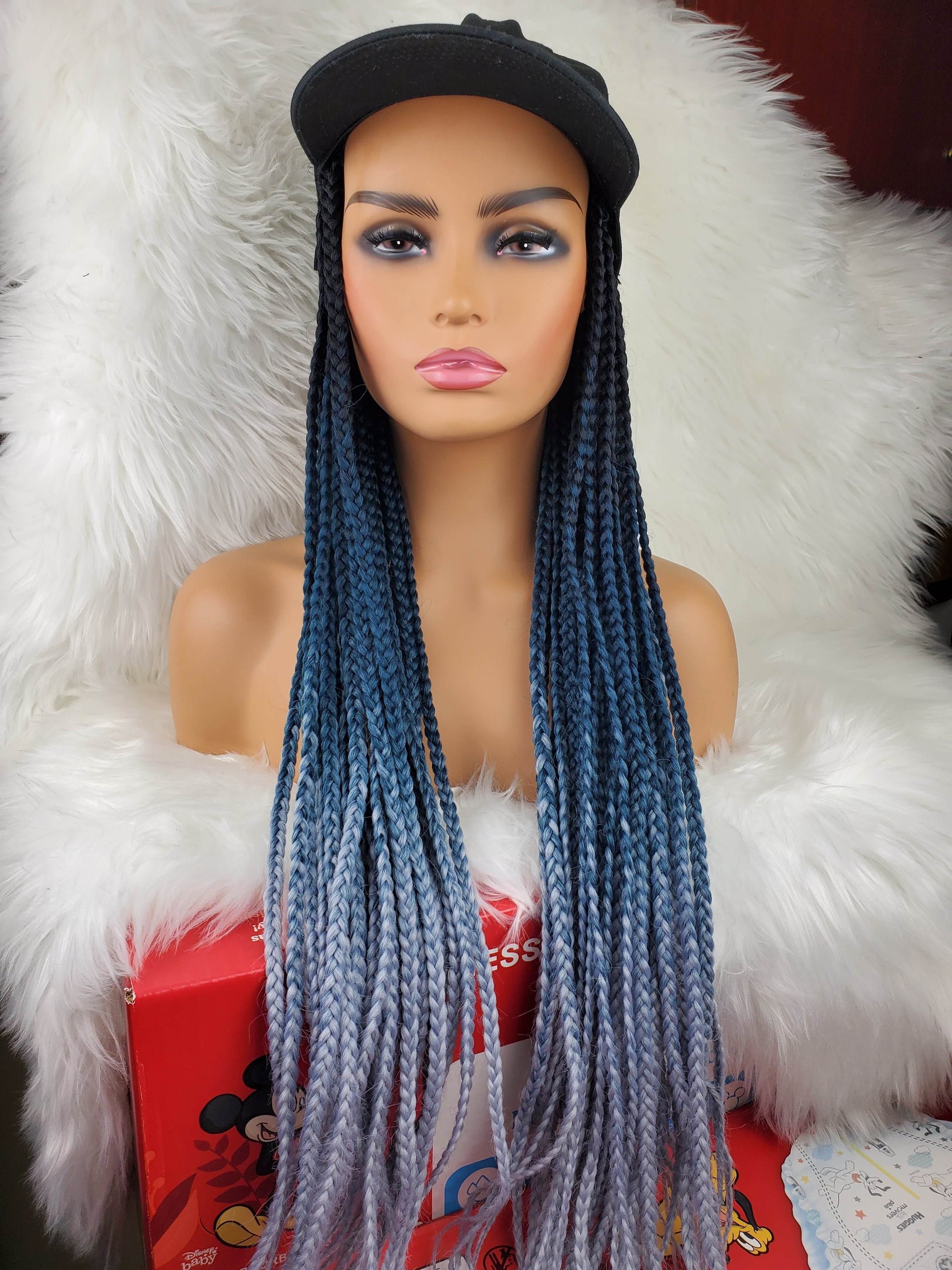 Satin Lined Braided Hat Wig (1b /dark blue/grey) - GeVi Beauty 