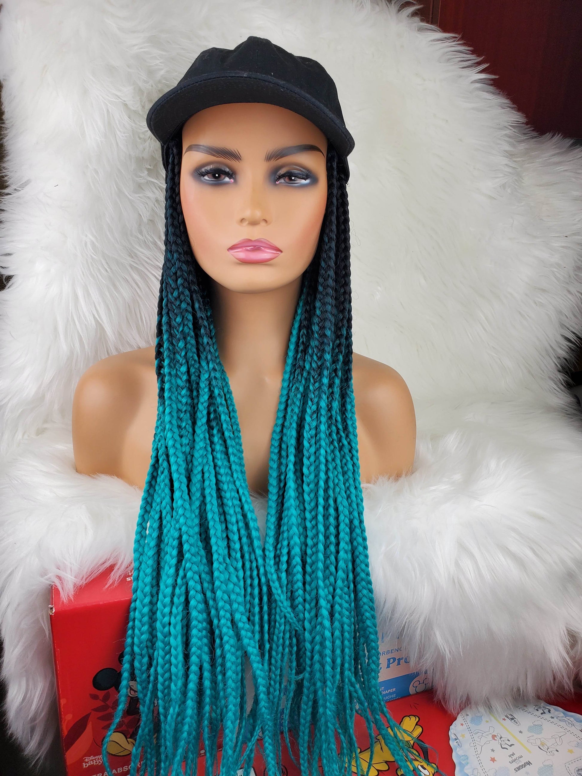 Satin Lined Braided Hat Wig (1b/Green) - GeVi Beauty 
