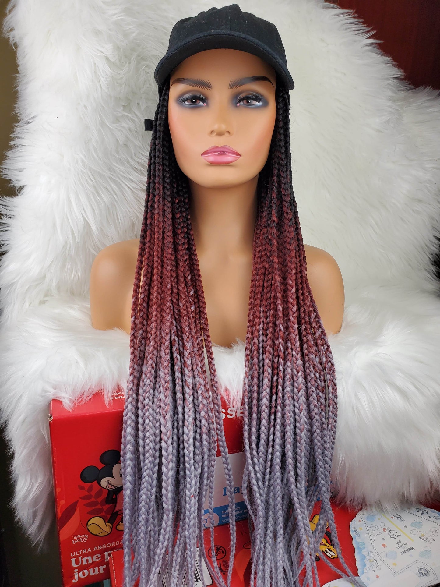 Satin lined braided hat wig (1b/burg /grey) - GeVi Beauty 