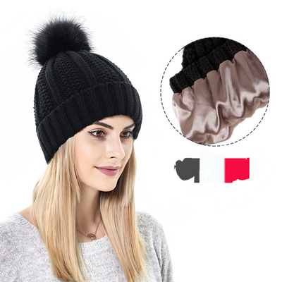 Satin Lined Beanie with Fur Pompom